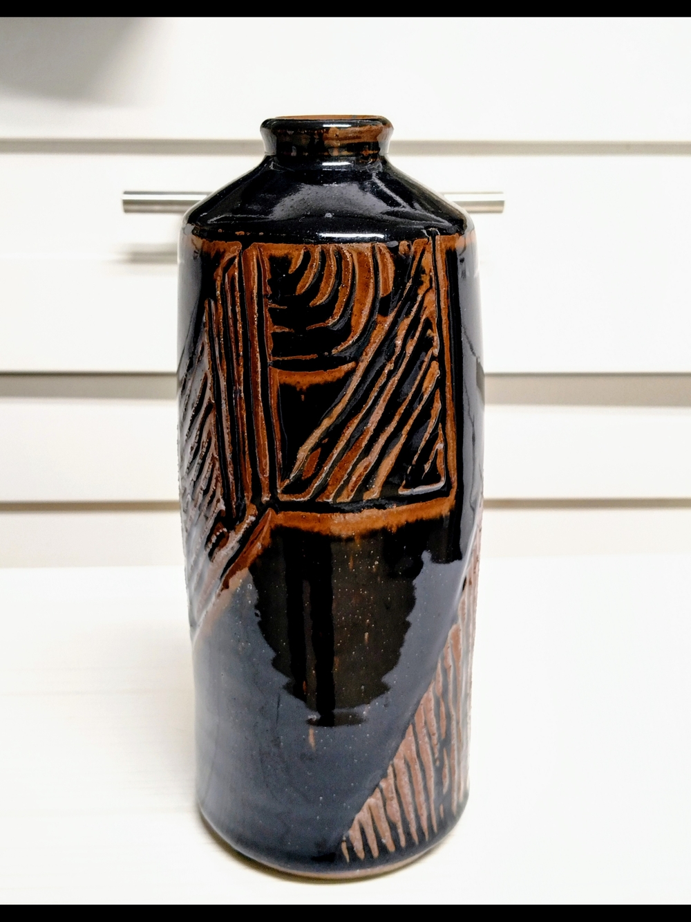 Handcrafted Mid Century Brutalist Black & Brown Vase - Home Art Accent